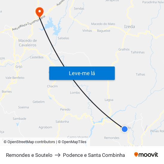 Remondes e Soutelo to Podence e Santa Combinha map