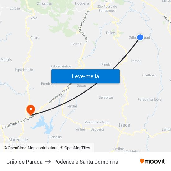 Grijó de Parada to Podence e Santa Combinha map