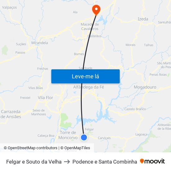 Felgar e Souto da Velha to Podence e Santa Combinha map