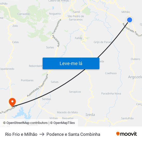 Rio Frio e Milhão to Podence e Santa Combinha map