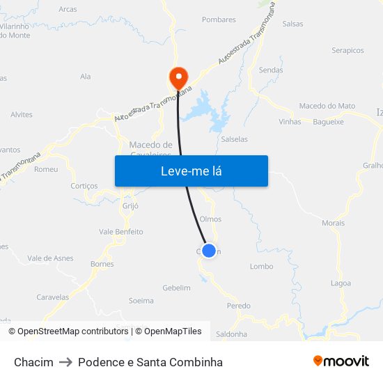 Chacim to Podence e Santa Combinha map