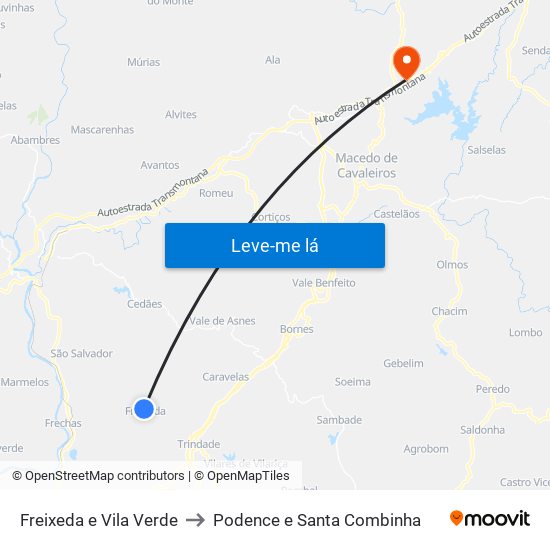 Freixeda e Vila Verde to Podence e Santa Combinha map