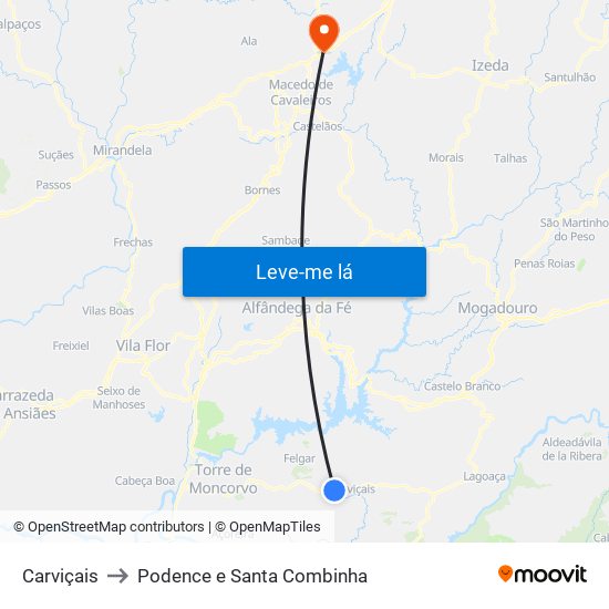 Carviçais to Podence e Santa Combinha map