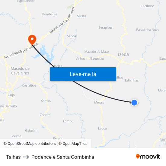 Talhas to Podence e Santa Combinha map