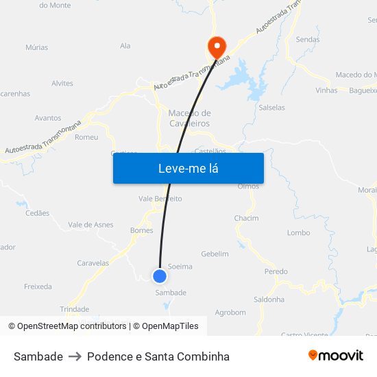 Sambade to Podence e Santa Combinha map