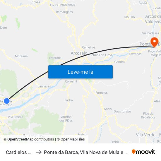 Cardielos e Serreleis to Ponte da Barca, Vila Nova de Muía e Paço Vedro de Magalhães map