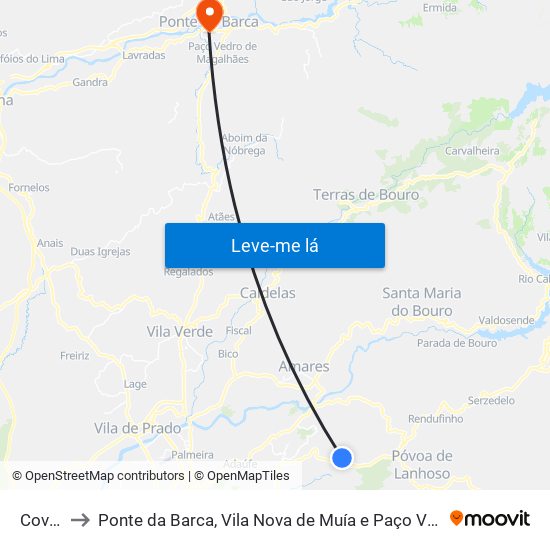 Covelas to Ponte da Barca, Vila Nova de Muía e Paço Vedro de Magalhães map