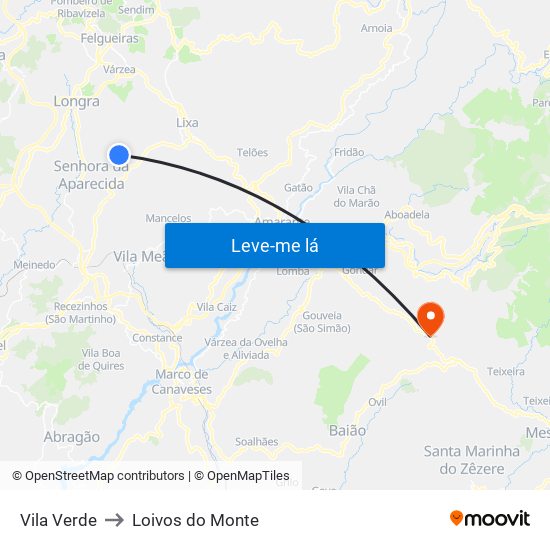Vila Verde to Loivos do Monte map