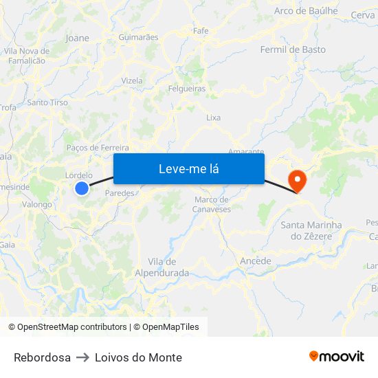 Rebordosa to Loivos do Monte map