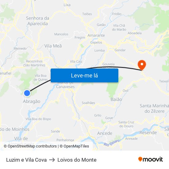 Luzim e Vila Cova to Loivos do Monte map