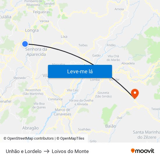 Unhão e Lordelo to Loivos do Monte map