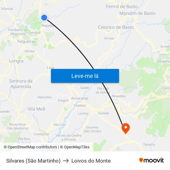 Silvares (São Martinho) to Loivos do Monte map