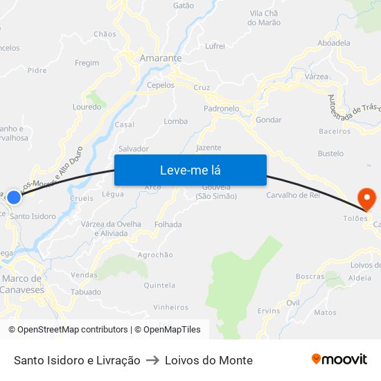 Santo Isidoro e Livração to Loivos do Monte map