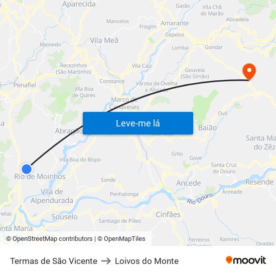 Termas de São Vicente to Loivos do Monte map