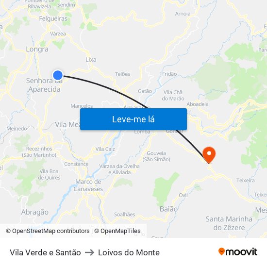 Vila Verde e Santão to Loivos do Monte map