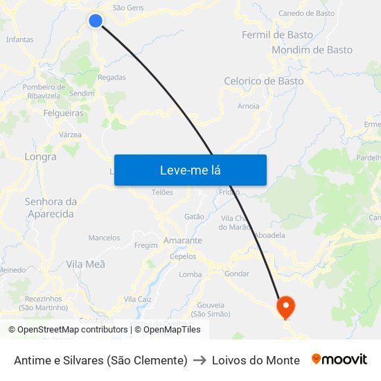 Antime e Silvares (São Clemente) to Loivos do Monte map