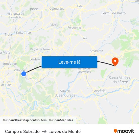 Campo e Sobrado to Loivos do Monte map