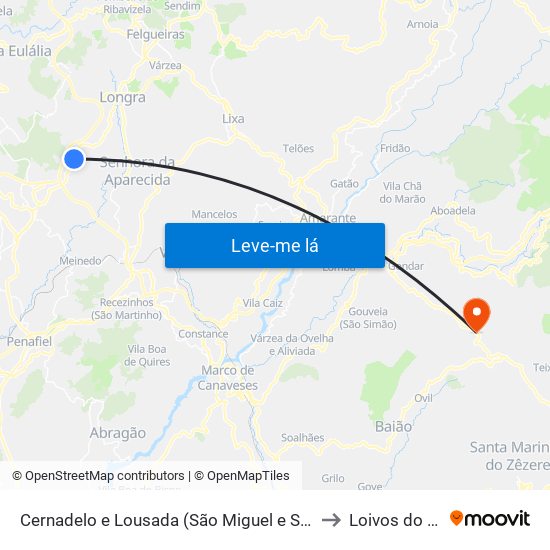Cernadelo e Lousada (São Miguel e Santa Margarida) to Loivos do Monte map