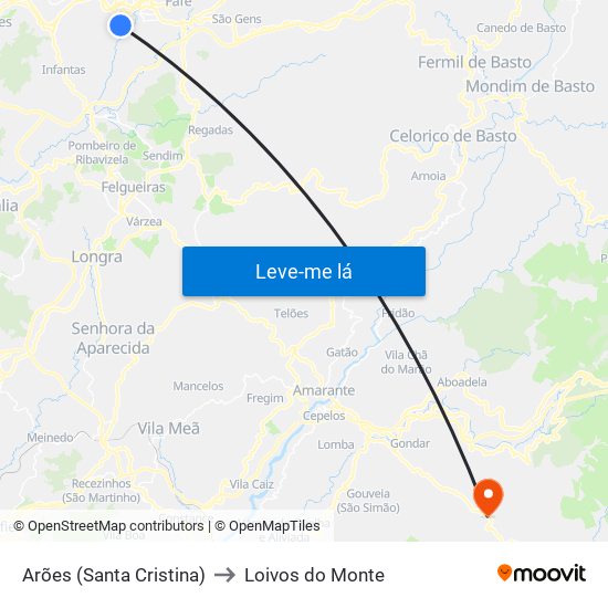 Arões (Santa Cristina) to Loivos do Monte map
