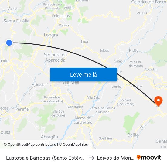 Lustosa e Barrosas (Santo Estêvão) to Loivos do Monte map