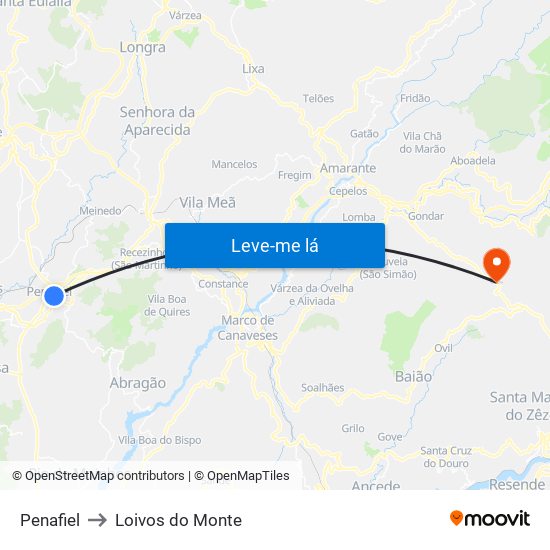 Penafiel to Loivos do Monte map