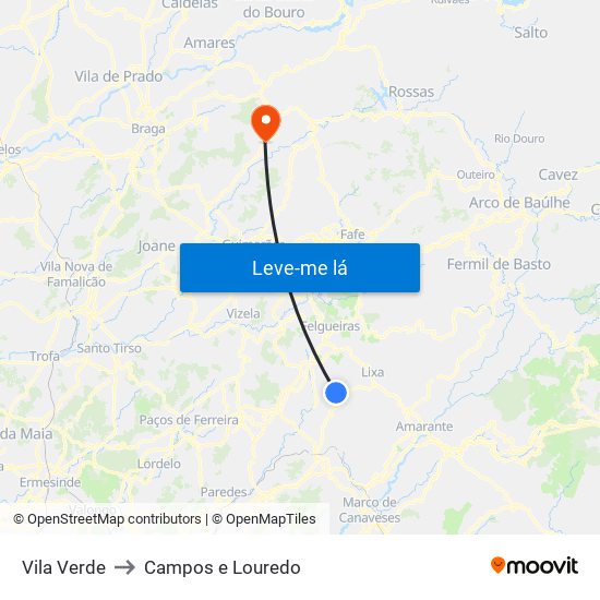 Vila Verde to Campos e Louredo map