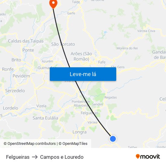 Felgueiras to Campos e Louredo map
