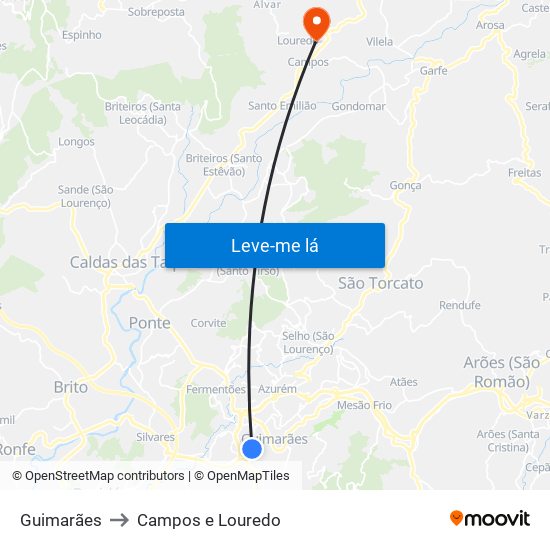 Guimarães to Campos e Louredo map