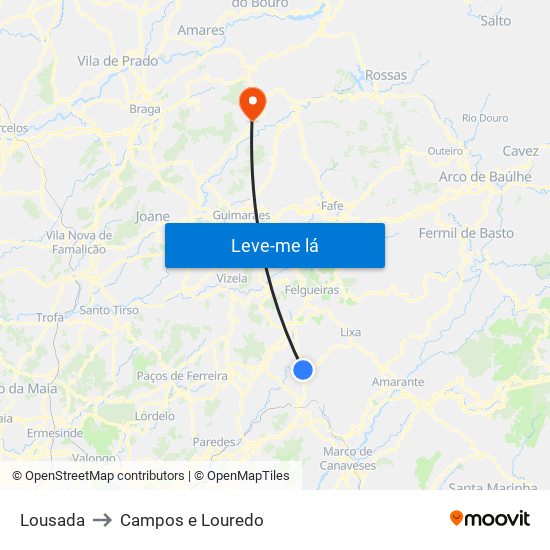 Lousada to Campos e Louredo map