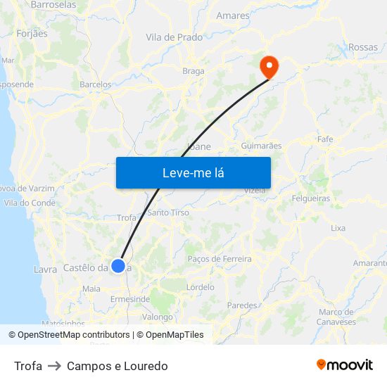 Trofa to Campos e Louredo map