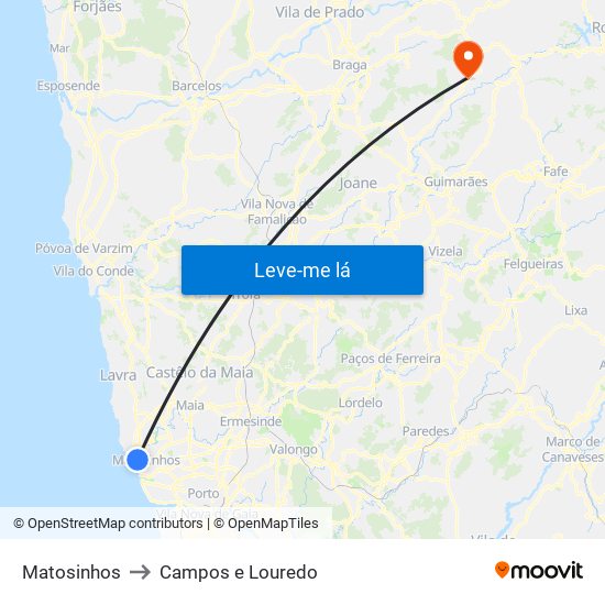 Matosinhos to Campos e Louredo map