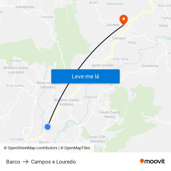Barco to Campos e Louredo map
