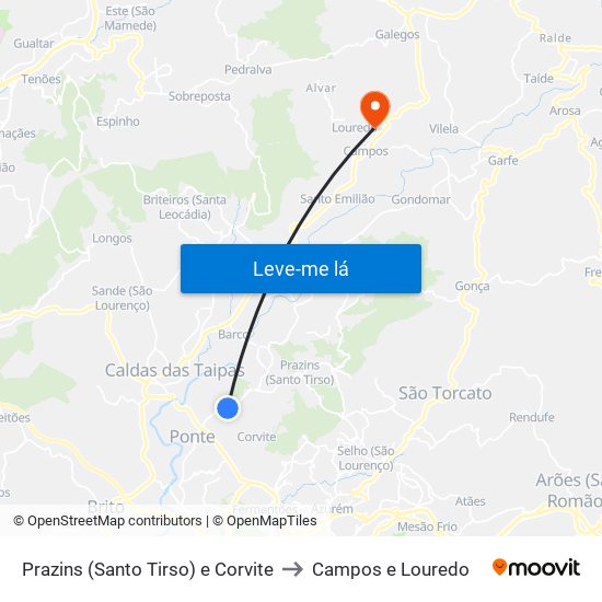 Prazins (Santo Tirso) e Corvite to Campos e Louredo map