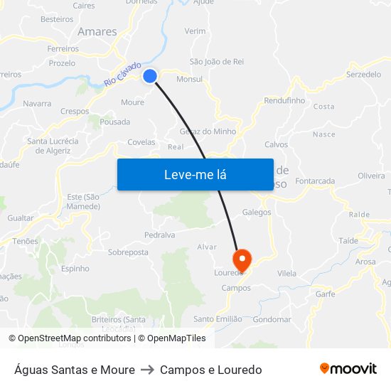 Águas Santas e Moure to Campos e Louredo map