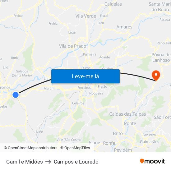 Gamil e Midões to Campos e Louredo map