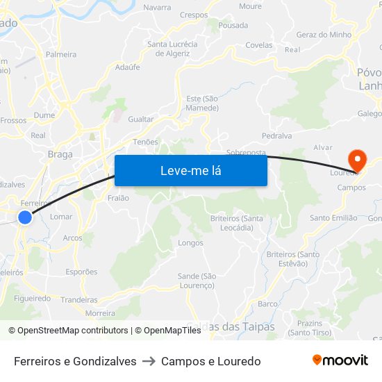 Ferreiros e Gondizalves to Campos e Louredo map