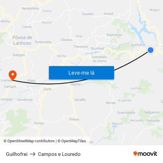 Guilhofrei to Campos e Louredo map