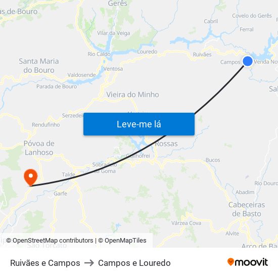 Ruivães e Campos to Campos e Louredo map