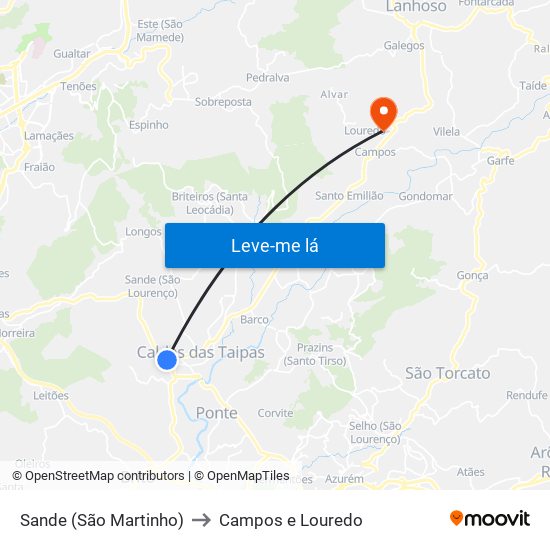 Sande (São Martinho) to Campos e Louredo map