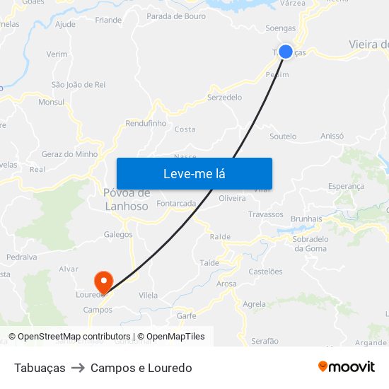 Tabuaças to Campos e Louredo map