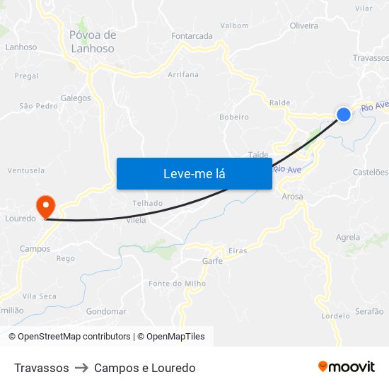 Travassos to Campos e Louredo map