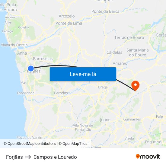 Forjães to Campos e Louredo map