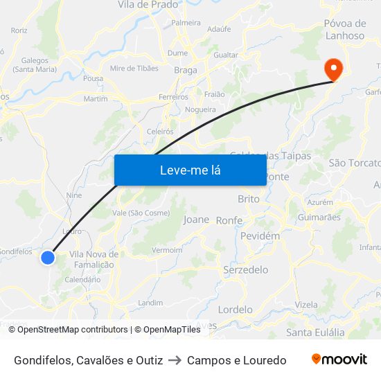 Gondifelos, Cavalões e Outiz to Campos e Louredo map