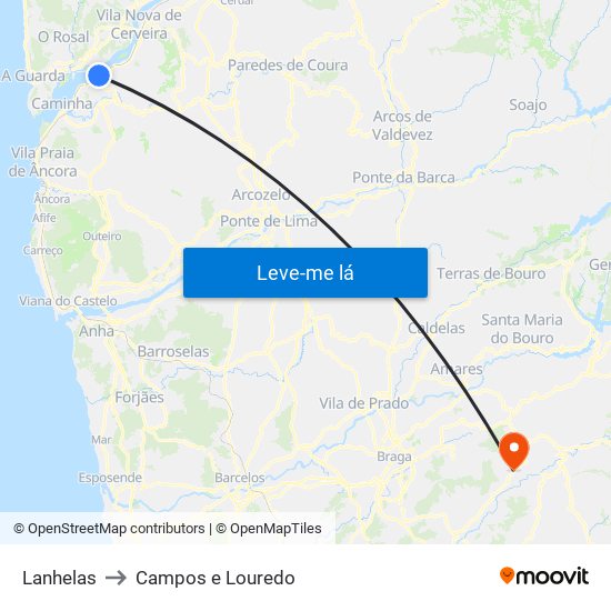 Lanhelas to Campos e Louredo map