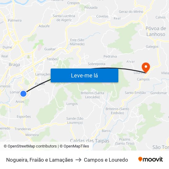 Nogueira, Fraião e Lamaçães to Campos e Louredo map