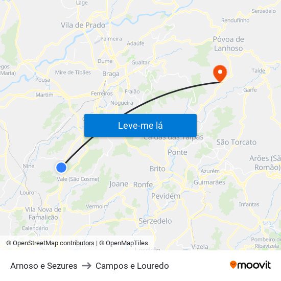 Arnoso e Sezures to Campos e Louredo map