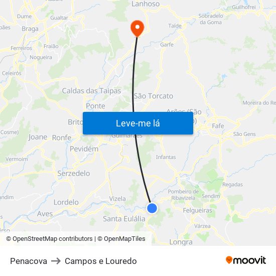 Penacova to Campos e Louredo map