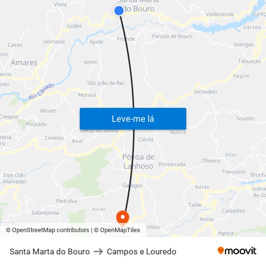 Santa Marta do Bouro to Campos e Louredo map