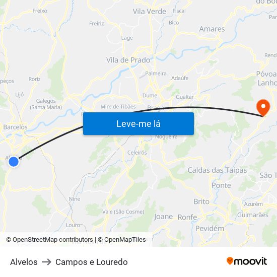 Alvelos to Campos e Louredo map