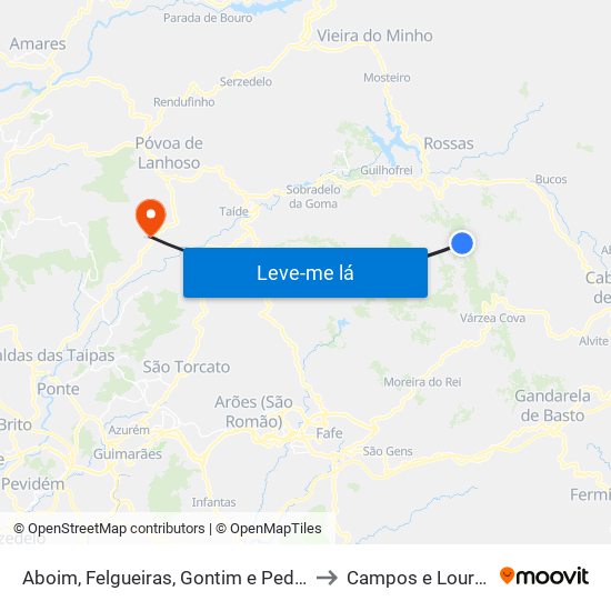 Aboim, Felgueiras, Gontim e Pedraído to Campos e Louredo map